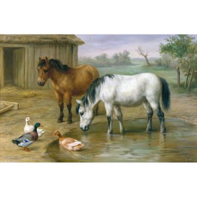 Edgar Hunt – Horses and Ducks by a Pond